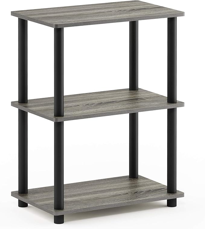 Furinno Turn-N-Tube No Tool 3-Tier Storage Shelf, Narrow, French Oak Grey/Black-NeatNest