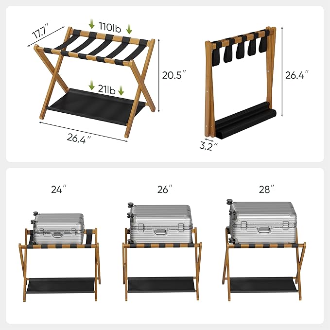 2 Pack Luggage Rack, Folding Luggage Rack for Guest Room, Walnut Bamboo Suitcase Stand Holds up to 131 lb, Luggage Stand with Storage Shelf for Hotel, Bedroom