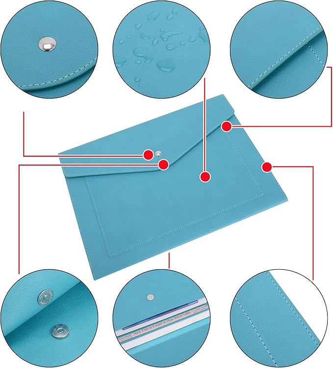 Wason Expanding A4 Document File PU Leather Envelope Case Holder-Large Size Pockets for Paper Bills Stationery Tablet and PC, Work Study Traveling (Cyan)