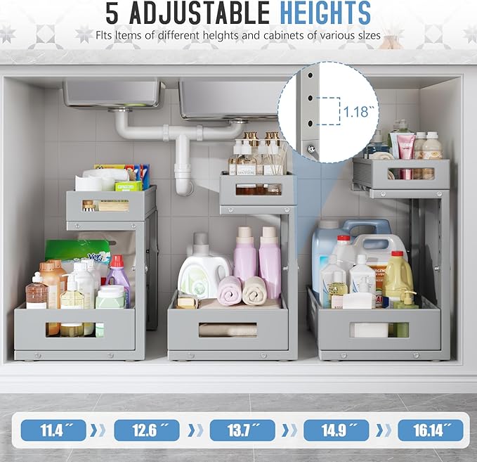 1 Pack-11.4"-16.14" H Under Sink Storage Organizer, Large 2-Tier Elegant Mesh Pull Out Shelf for Kitchen & Bathroom Cabinet Organization, L-Shaped, Adjustable Height-Gun Gray-NeatNest