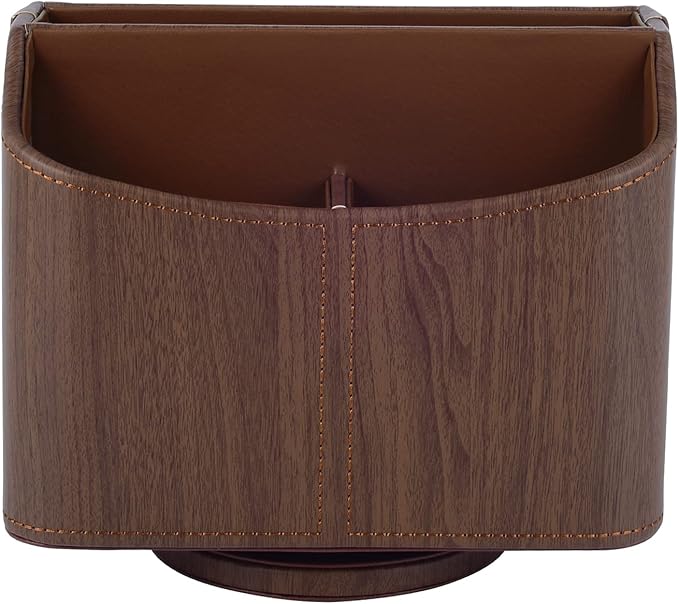 Brown 360 Degree Swiveling TV Remote Control Holder/Caddy, Leather Desk Organizer for Office and Home Furniture Decoration Storage Box(Dark wood grain)-NeatNest