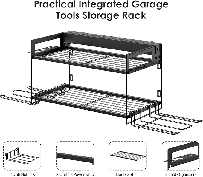 CCCEI Garage Tools Storage with Charging Station. Power Tool Battery Organizer Utility Shelf with Power Strip. 4 Drills Holder Wall Mount Rack, Black.-NeatNest