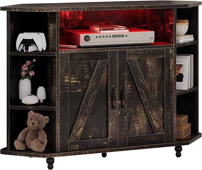 4 EVER WINNER Corner TV Stand with Led Light for 50 Inch TV, Corner Entertainment Center with Open Storage, Adjustable Shelves, TV Stands for Living Room, Bedroom, Rustic Oak-NeatNest