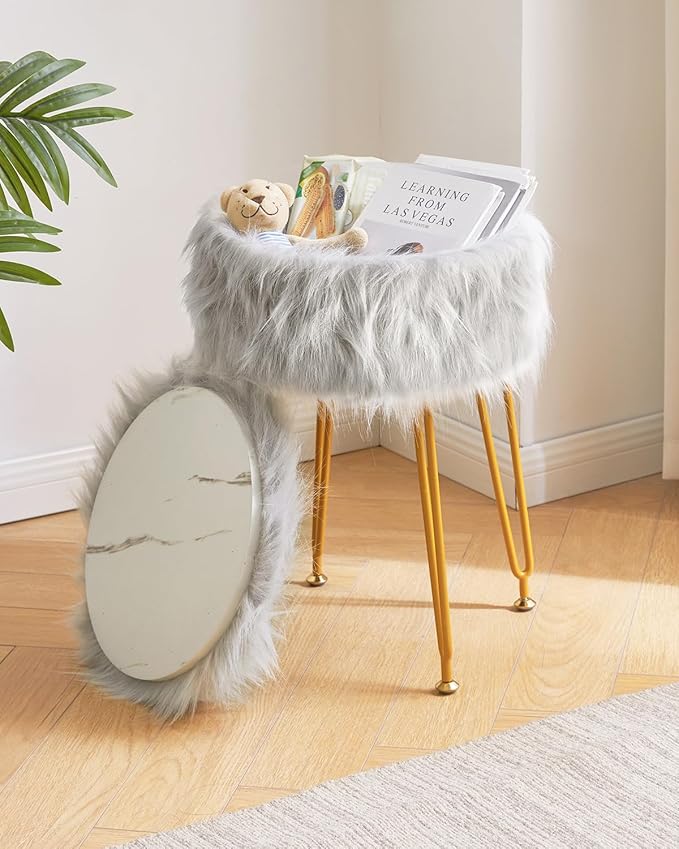 IBUYKE Round Faux Fur Vanity Stool with Storage, Furry Makeup Chair Ottoman, Soft Padded Seat, Round Footrest Footstools with 4 Metal Legs, for Living Room Bedroom Entryway, Gray WBD021G