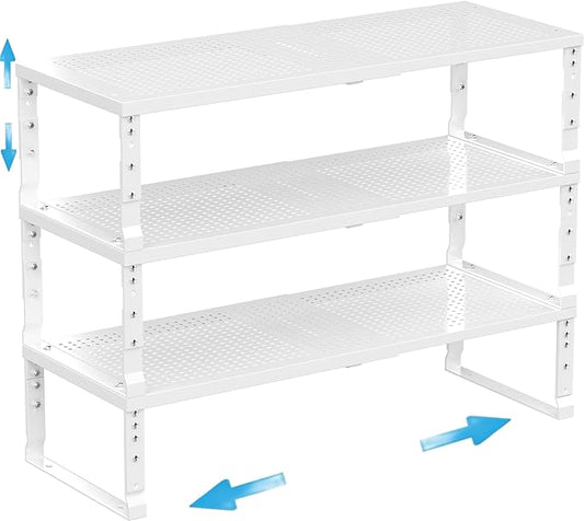 Expandable Spice Rack Kitchen Cabinet Shelf Organizer, Stackable Storage Shelves Racks, Adjustable Counter Shelving for Cabinets, Countertop, Cupboard,Pantry and More(3Packs/White/Large)-NeatNest
