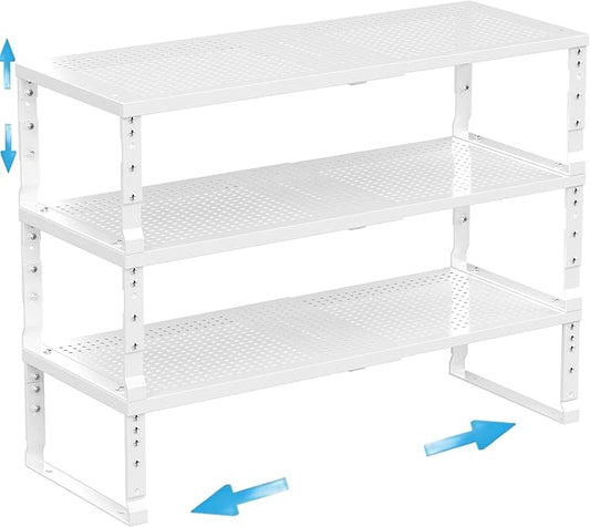 Expandable Spice Rack Kitchen Cabinet Shelf Organizer, Stackable Storage Shelves Racks, Adjustable Counter Shelving for Cabinets, Countertop, Cupboard,Pantry and More(3Packs/White/Medium)-NeatNest