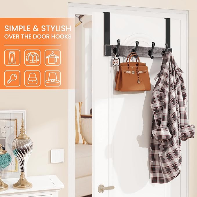 Homode Over The Door Hooks Heavy Duty, Wood Over The Door Towel Rack for Bathroom Door, Rustic Over The Door Hanger,Back of Door Hooks Coat Hooks for Hanging Towels Clothes Hats Bags, Grey