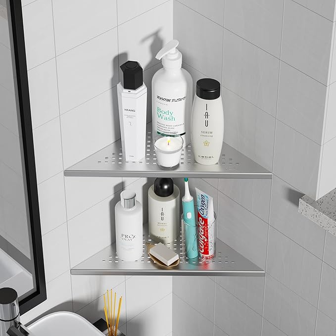 Corner Shower Shelves, 10” Recessed Tile Shower Shelf Brushed Nickel, 304 Stainless Steel Grout in Corner Tile Bathroom Shelves, No Drilling, 2 Pack-NeatNest