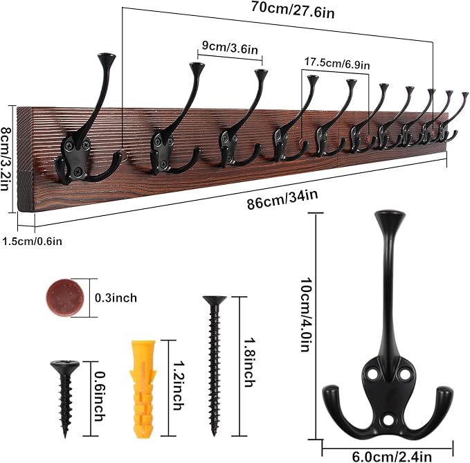 IBosins 34'' Coat Rack Wall Mount with 10 Decorative Tri-Hooks, Heavy Duty Wood Coat Hanger, Rustic Coat Hooks Rail for Entryway Living Room Coat Scarf Bag Towel Hat-NeatNest