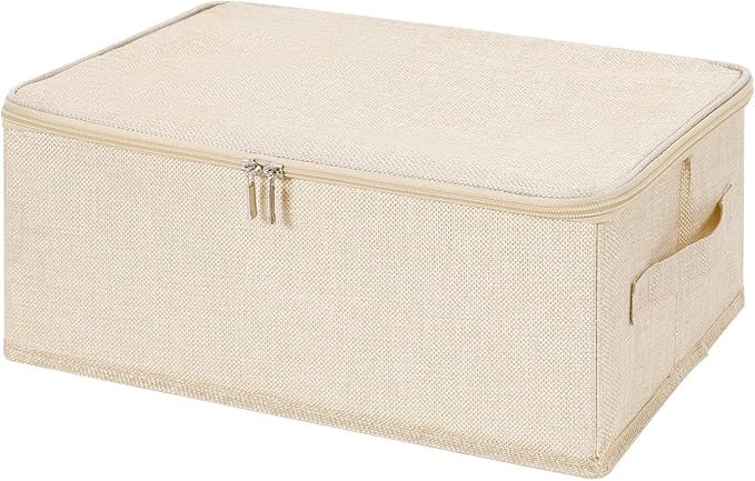 ANMINY 3PCS Storage Bins with Zipper Lids 13 Qt Lidded Fabric Storage Boxes Baskets Cubes with Handles Collapsible Washable Cotton Linen Closet Shelf Clothes Organizer Containers - Beige, Small-NeatNest
