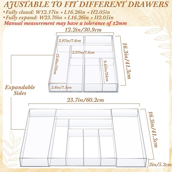Expandable Kitchen Drawer Organizer Clear Acrylic Utensil Organizer Adjustable Acrylic Silverware Storage for Kitchen Drawers Silverware Flatware Knives(6-8 Compartments,12 x 16 Inches)