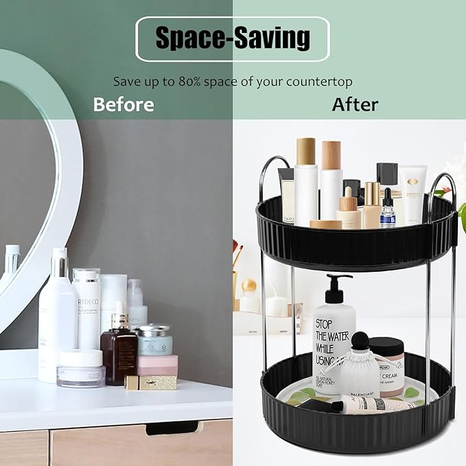 Rotating Makeup Organizer Countertop 2 Tier Lazy Susan Trays Spinning Skincare Perfume Storage for Bathroom Counter Vanity, Black-NeatNest