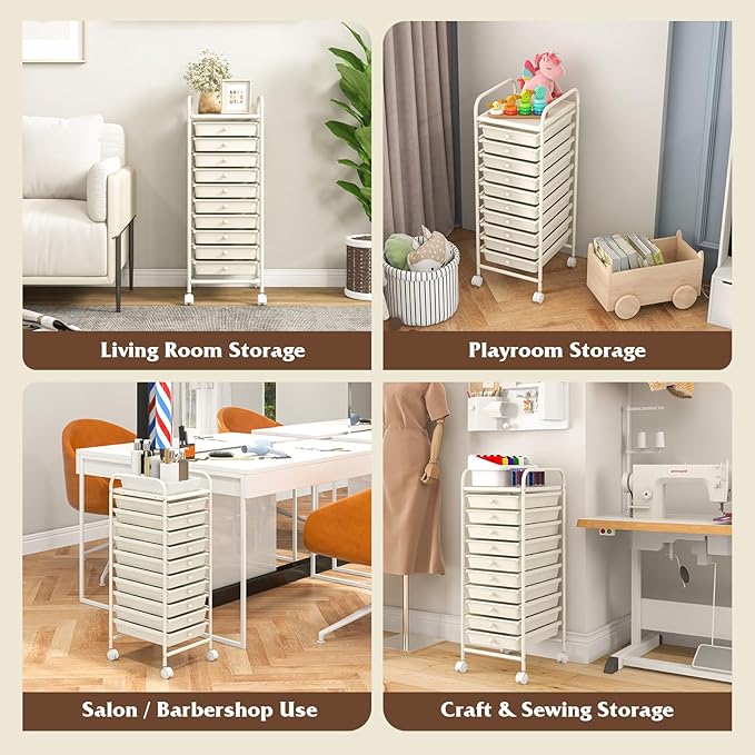 Giantex 10-Drawer Storage Cart w/Universal Wheel, Rolling Cart w/Handle, Home Organizer Storage Unit w/Removable Drawers, Trolley Utility Cart for Kitchen Makeup Living Room Office Play Room, Ivory