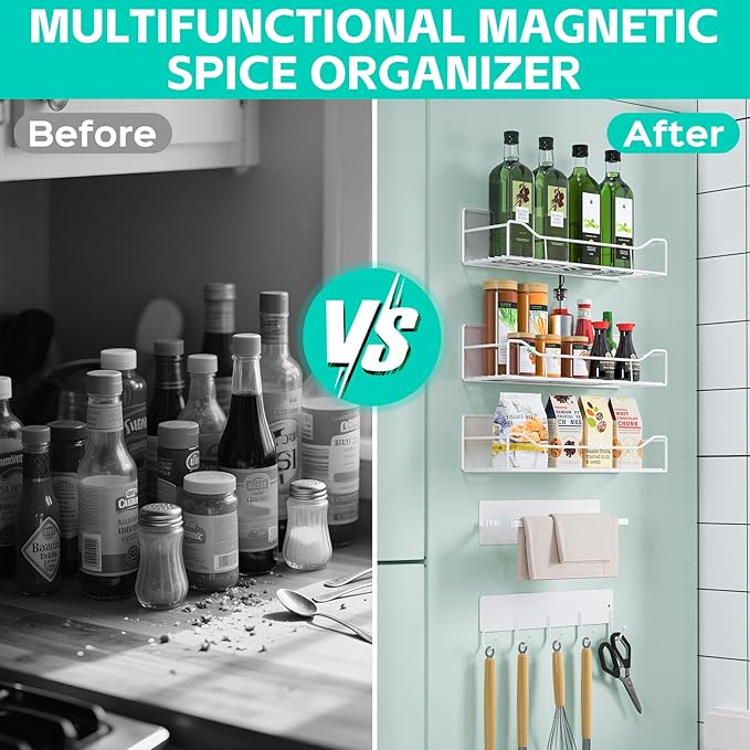 5 Pack Multifunctional Magnetic Shelves for Washing Machine & Refrigerator - Heavy Duty Laundry Room Organization System with Tool Hooks, Metal Storage Baskets (White)