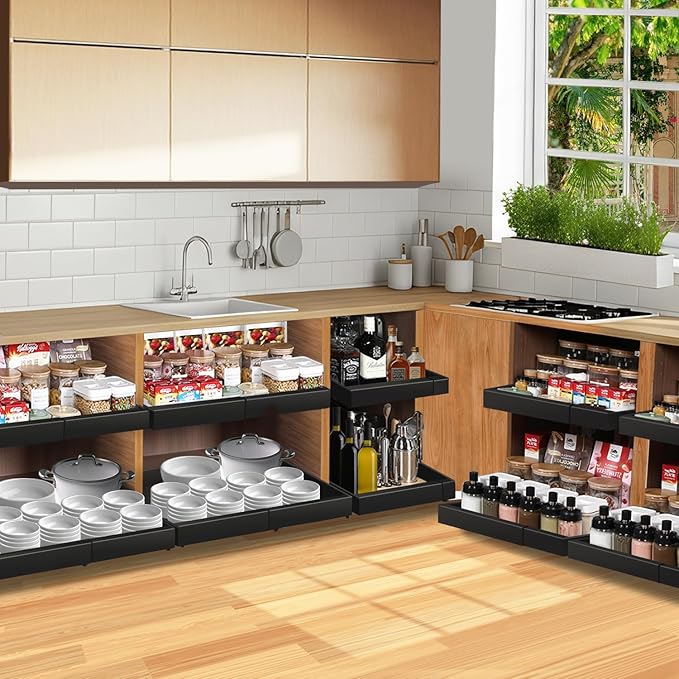 Under Sink Cabinet Organizer with Slide-Out Drawers Heavy-Duty Adjustable 12.6''-20.5'' Deep Tool-Free Adhesive & Screw Mounting, Removable Shelves for Kitchen Storage (Black)-NeatNest