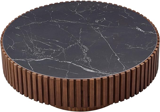 Coffee Table Stone Round 35.43'' for Living Room Modern Coffee Tables Wood Circle Drum Tea Fluted Solid Wooden Veneer Sintered Tabletop Handcraft Home Furniture for Apartment Easy Assembly Walnut-NeatNest