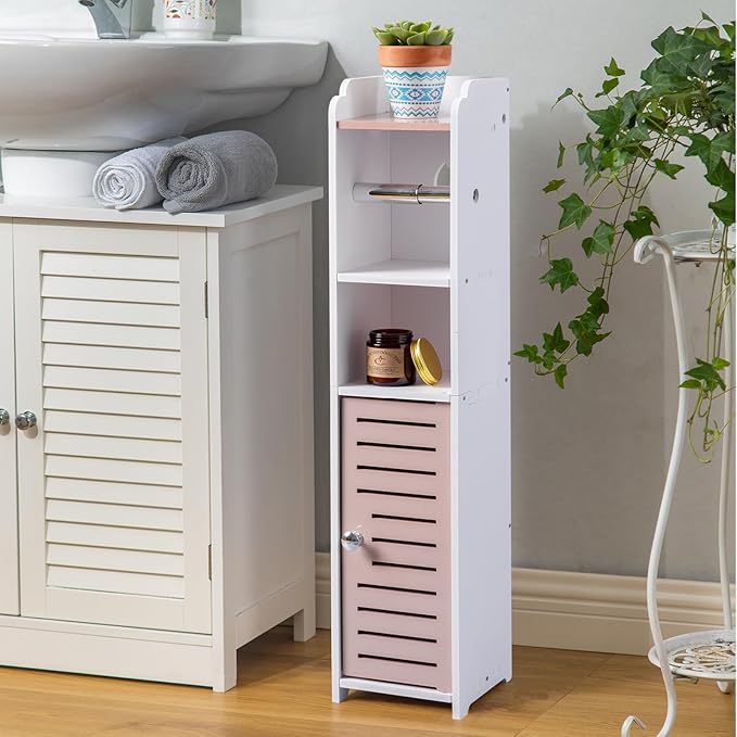 AOJEZOR Toilet Paper Holder Stand: Small Bathroom Storage Cabinet - Pinkish Rose - White-NeatNest