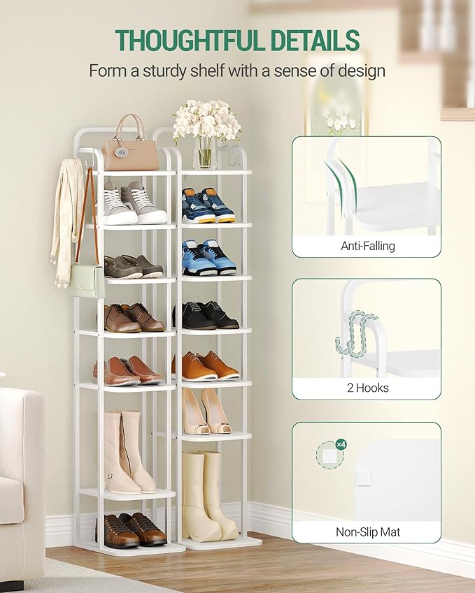 8 Tiers Vertical Shoe Rack, Narrow Shoe Tower, Tall Shoes Shelf with 2 Hooks, Adjustable Shelves, Corner Shoes Shelves for Small Spaces, Entryway, Living Room, White SR04313W-NeatNest