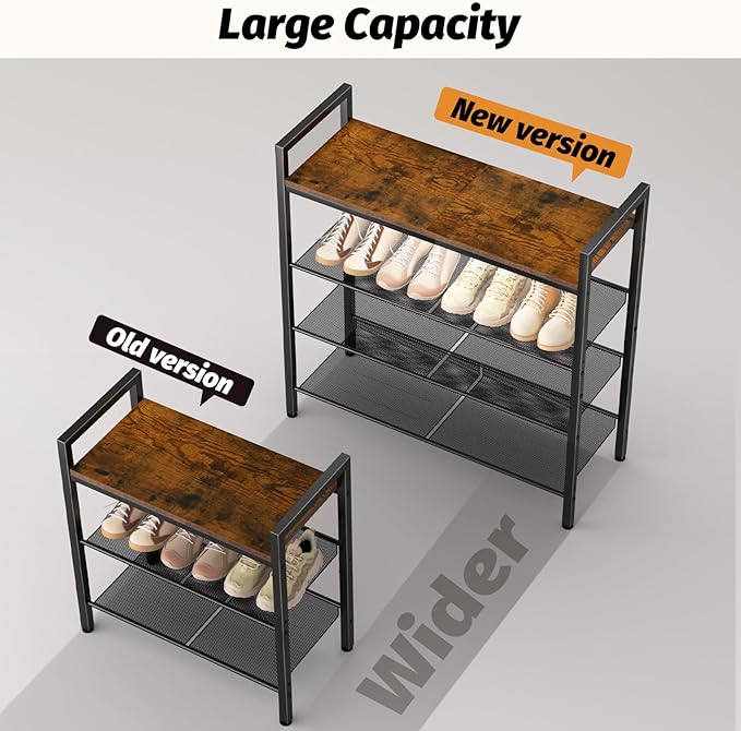 Shoe Rack for Front Door Entrance, 4 Tier Shoe Rack for Entryway, 12-16 Pairs of Shoes, Metal Shoe Rack Organizer, Free Standing Shoe Rack for Closet (Black+Rustic Brown)-NeatNest
