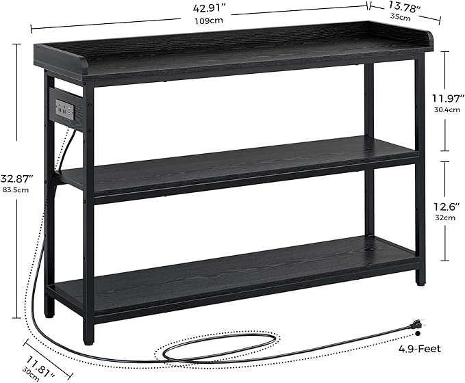 IRONCK Console Table, Sofa Table with Power Outlet, Farmhouse Hallway Table for Entryway, Living Room, Height Adjustable, Easy Assembly, Vintage Black, 43"-NeatNest