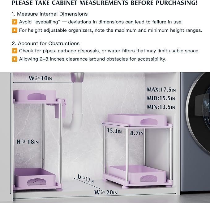 Under Sink Organizer - 2 Pack Adjustable Height, 2 Tier Organizers for Bathroom & Kitchen Sink, Purple-NeatNest