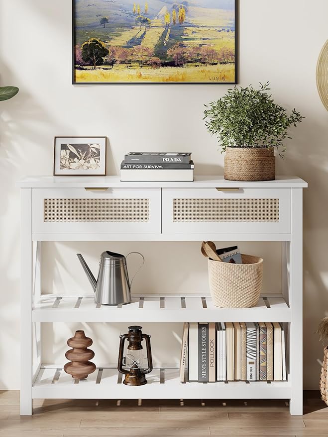 Console Table with 2 Rattan Drawers, Wooden Entryway Table with 3-Tier Storage Shelves, Display Shelf for Entryway, Hallway, Foyer and Living Room, White-NeatNest