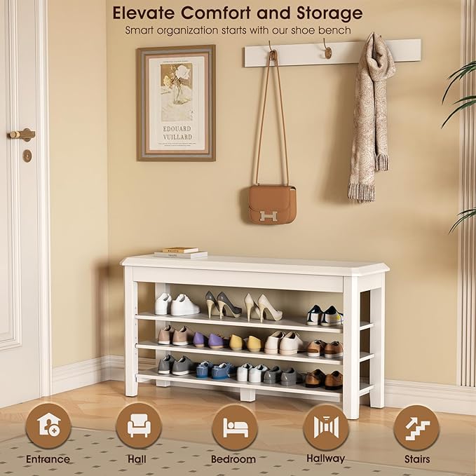 Shoe Rack Bench Seat Rubberwood 3-Tier Wooden Storage Bench 550lbs Compact Mid-Century Modern Design for Entryway, Hallway, Closet, Front Door Entrance, Foyer-NeatNest