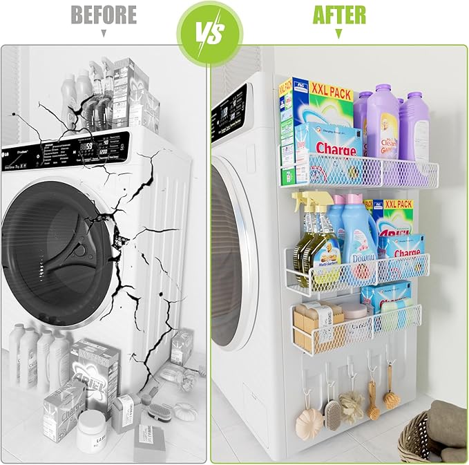4 Pack Magnetic Shelves for Washing Machine, Heavy-Duty Magnetic Laundry Organizer with Hooks, Washing Machine Shelf for Refrigerator, Metal Storage Baskets, Closet & Laundry Room Organization(White)