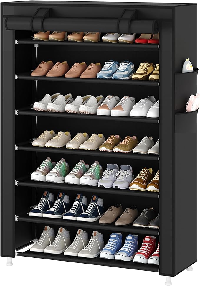 Laiensia 7-Tier Vertical Shoe Rack Organizer, Space Saving Shoe Storage Organizer, Non-Woven Cover Shoe Shelf Holds 28-35Pairs for Bedroom, Hallway, Closet Entryway, Black-NeatNest