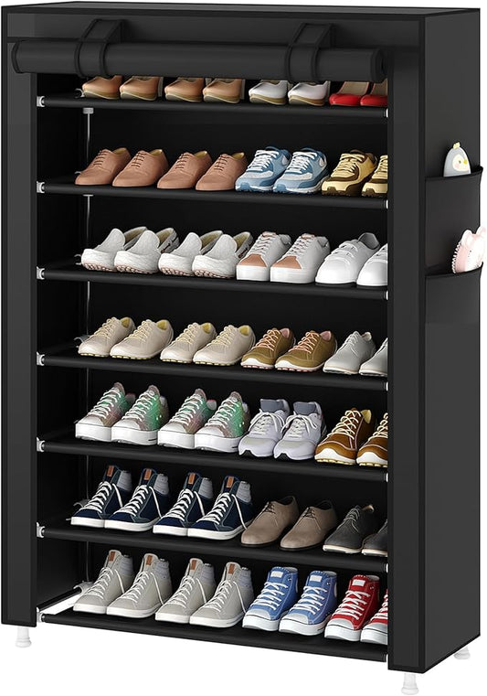 Laiensia 7-Tier Vertical Shoe Rack Organizer, Space Saving Shoe Storage Organizer, Non-Woven Cover Shoe Shelf Holds 28-35Pairs for Bedroom, Hallway, Closet Entryway, Black-NeatNest