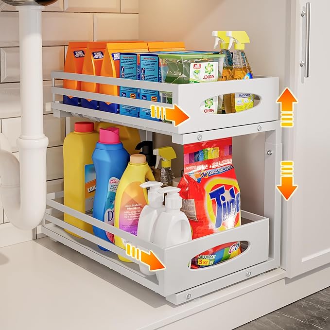 Under Sink Organizer, 2 Tier Under Sink Organizers and Storage, Adjustable Height, Slide Out Metal Cabinet Organizers, Pull Out Cabinet Storage Drawer Shelf for Kitchen Bathroom White, 1 Pack-NeatNest