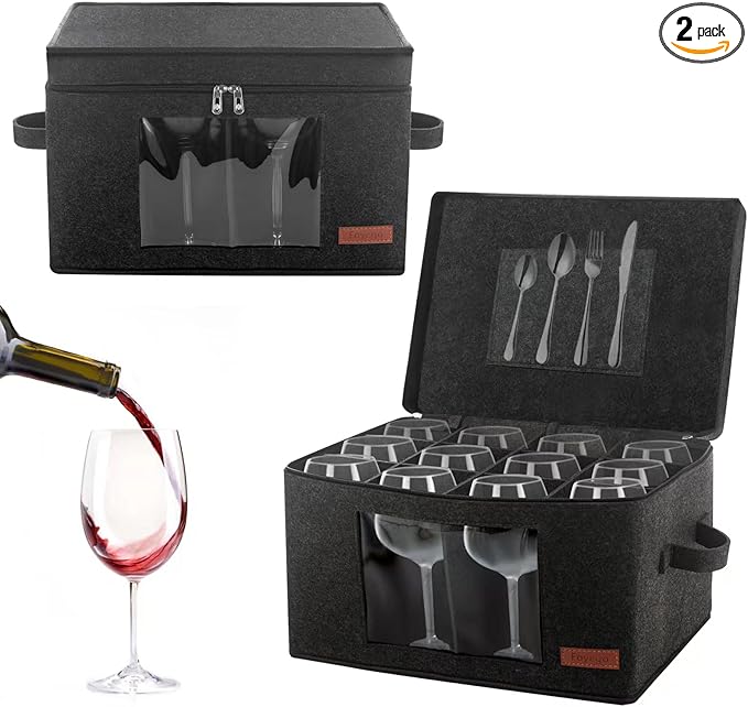 2 Pack Wine Glass Storage Box with Dividers, Stemware Storage Containers for Packing and Moving, China Storage Containers Box for 12 Crystal Glassware, Wine Glasses, Drinkware,Dark Gray-NeatNest