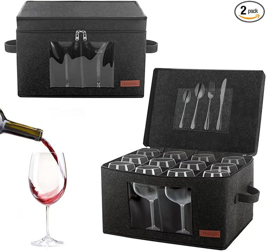 2 Pack Wine Glass Storage Box with Dividers, Stemware Storage Containers for Packing and Moving, China Storage Containers Box for 12 Crystal Glassware, Wine Glasses, Drinkware,Dark Gray-NeatNest