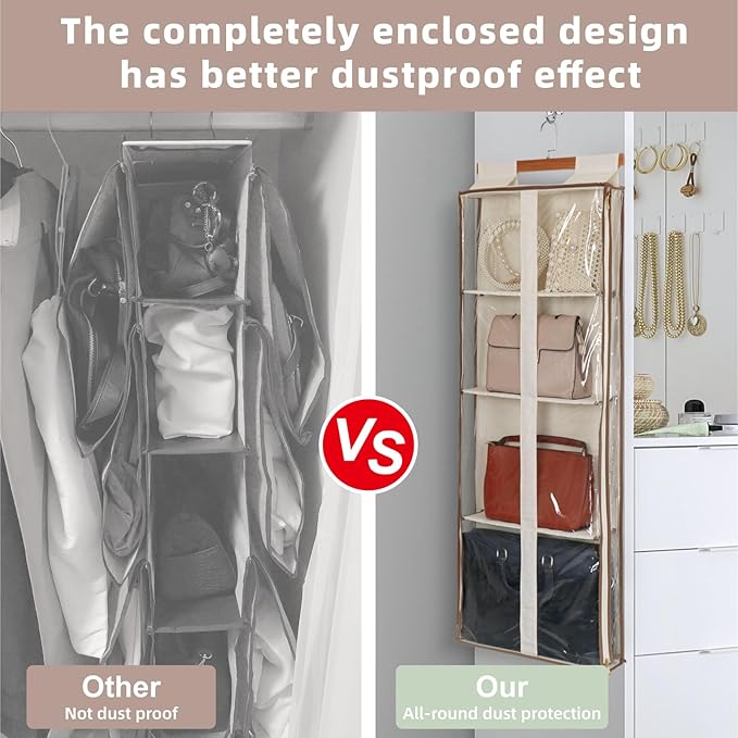 Clear Hanging Handbag Storage Organizer with Zippers, Easy Access Purse,Toy,Yarn,Hat Storage Over The Door Purse Organizer Space Saving 4 Pockets for Closet Bedroom Living Room (Beige)-NeatNest