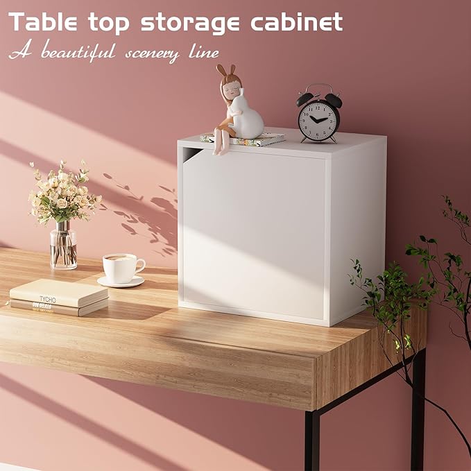 Garden 4 You Cube Storage Organizer Shelf, 2-Tier Stackable Bookshelf with Door, Wooden Display Bookcase, Small Storage Cabinet for Living Room & Bedroom, White-NeatNest