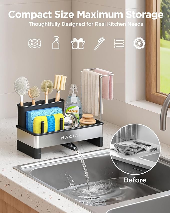 Nacial Kitchen Sink Caddy Organzier with High Brush Holder, Sponge Holder for Kitchen Sink with Two Towel Racks & Soap Dispenser- Rustproof 304 Stainless Steel Kitchen Countertop Storage Essentials-NeatNest