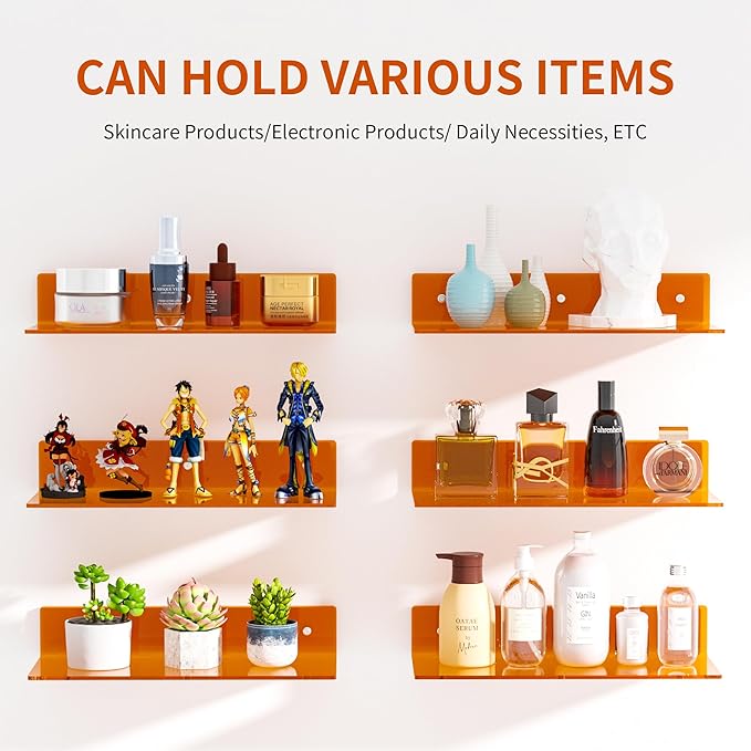 15 Inches Orange Acrylic Wall Shelves 2 Pack, L Shape Floating Shelf, Perspex Wall Mounted Shelves for Wall Décor, Moel Car, Candle, Calendar, Towel, Tissue-NeatNest