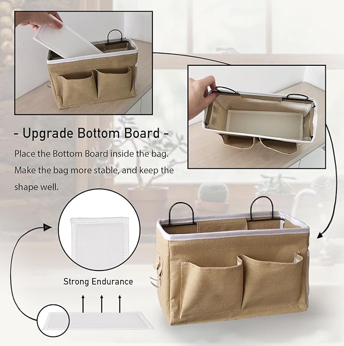 2pcs Middle Wall Hanging Organizer Bag, Linen Fabric Door Hanging Storage Basket with Pockets, Waterproof Bin for Kitchen, Bedroom, Office, RV Camper (Khaki)-NeatNest