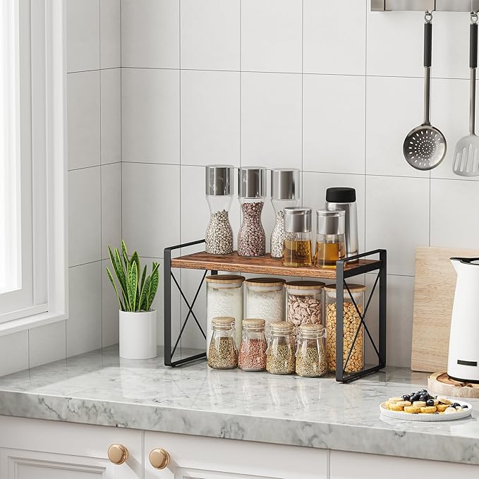 Giikin Countertop Shelf Organizer, Cupboard Stand Spice Rack, Retro Style Cabinet Shelf for Pantry, Kitchen, Bathroom, Reading Room, Bedroom to Save Space (7.8" D x 15.7" W x 9.4" H, Rustic Brown)-NeatNest
