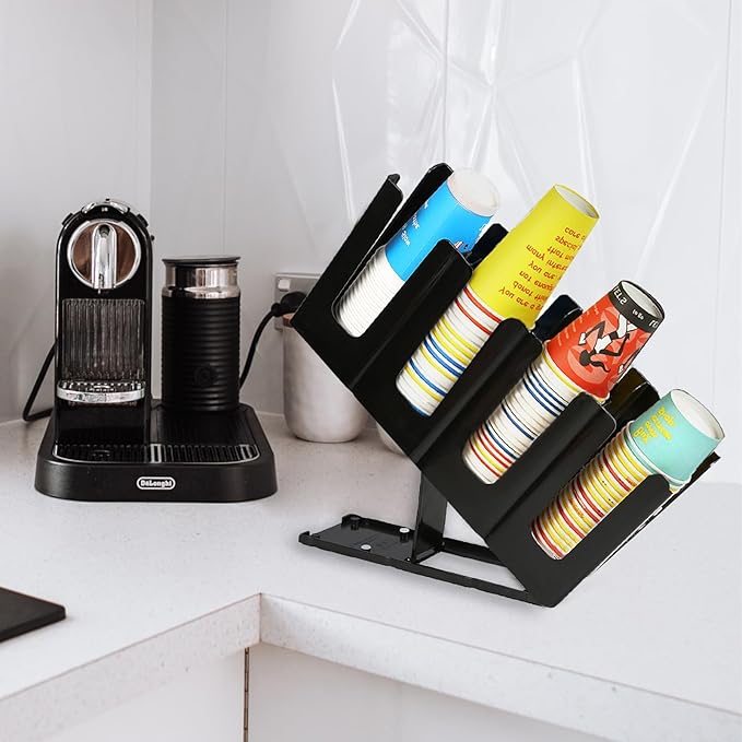 2 Pack Disposable Paper Cup Dispenser - Adjustable Coffee Cup and Lid Holder, 4 Compartment Storage Organizer for Countertop Bar Restaurant Breakroom, Black-NeatNest