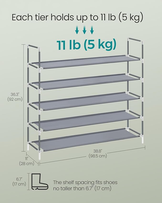 SONGMICS 5-Tier Shoe Rack, Shoe Storage for Hallway Closet, Slim and Space-Saving, Metal Frame, Non-Woven Fabric Shelves, Grey ULSH055G01V1-NeatNest