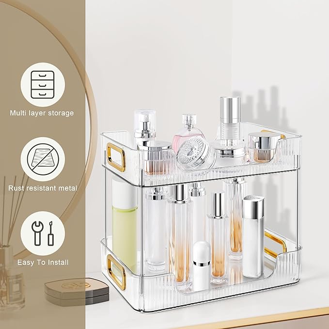 2-Tier Bathroom Counter Organizer Countertop Storage, Dresser Organizer Vanity Tray for Makeup, Perfume Organizer Cosmetics Skincare Shelf - Clear-NeatNest