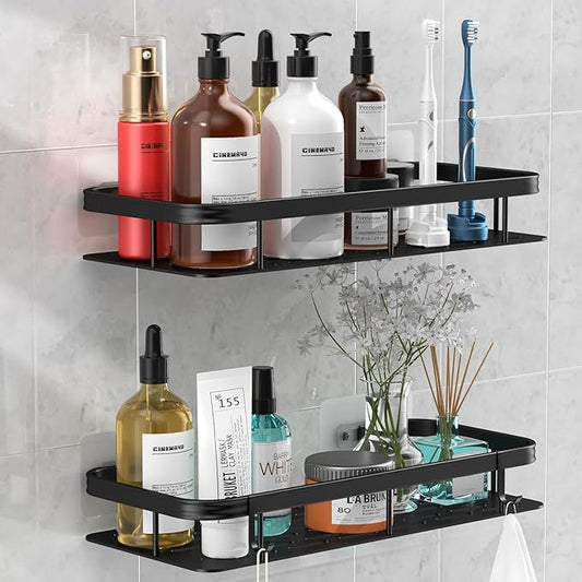 lanlord Wall Mounted Shower Caddy Shelf Organizer Rack,2 Pack 12 inch No Drilling Adhesive Shower Shelves,Bathroom Shower Organizers and Storage,Save Space With Hooks,(Black 2LBLT).