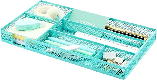 Annova Desk Drawer Organizer Tray for Office Organization - Metal Mesh - Storage Tray with Dividers for Pens, Desktop Accessories, Bathroom, Kitchen, Makeup and Office Supplies (Small, Turquoise)-NeatNest