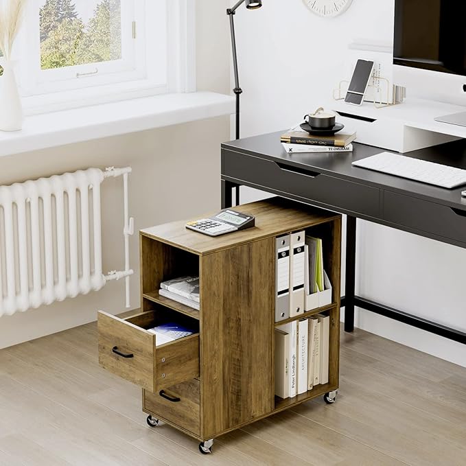 HOSTACK End Side Table, Narrow Nightstand with Storage Drawers and Adjustable Shelf, Rolling Bedside Table for Bedroom, Living Room, Home Office, Rustic Brown, Set of 2