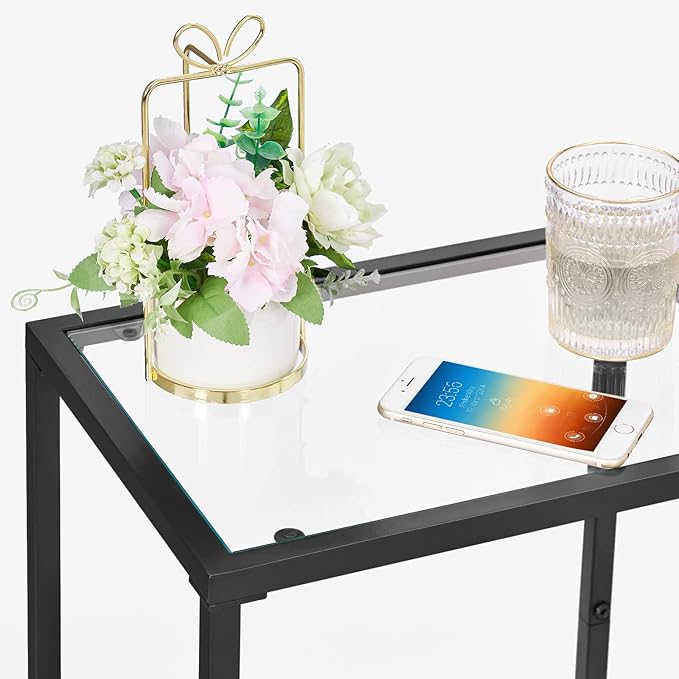 Side Tables Set of 2, End Tables with Tempered Glass, 2-Tier Nightstands with Storage Shelves, Coffee Table with Modern Style, Slim Sofa Table for Living Room, Bedroom, 11.8" D x 15" W, Black