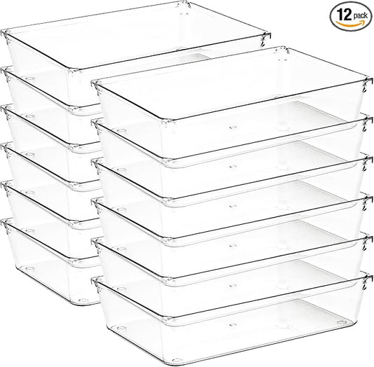 12 Pack Drawer Organizer - 6" X 9" Clear Acrylic Storage Bins with Non-Slip Pads, Versatile Desk Tray for Makeup, Jewelry, Kitchen, Bathroom, and Office Organization-NeatNest