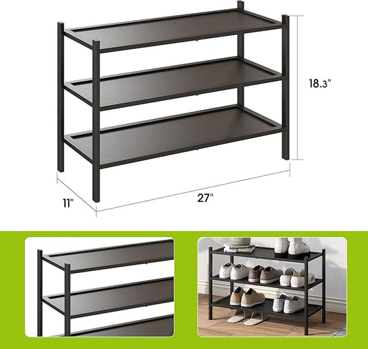 BMOSU 3-Tier Bamboo Shoe Rack Premium Stackable Shoe Shelf Storage Organizer for Hallway Closet Living Room Entryway Organizer(Black)-NeatNest