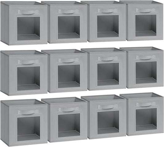 DIMJ Cube Storage Bin, 12 Pack Collapsible Storage Bins, Cube Storage Organizer with Window, Fabric Storage Bins for Shelves, Closet Baskets for Clothes, Books (Light Grey)-NeatNest