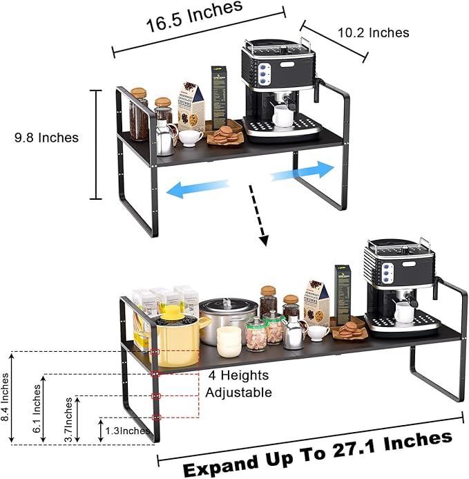 Expandable Kitchen Cabinet Shelf Organizers, Stackable Metal Pantry Storage Shelves Rack, Adjustable Counter Spice Shelf for Cabinets, Countertop, Cupboard Organizers and Storage, Black-NeatNest
